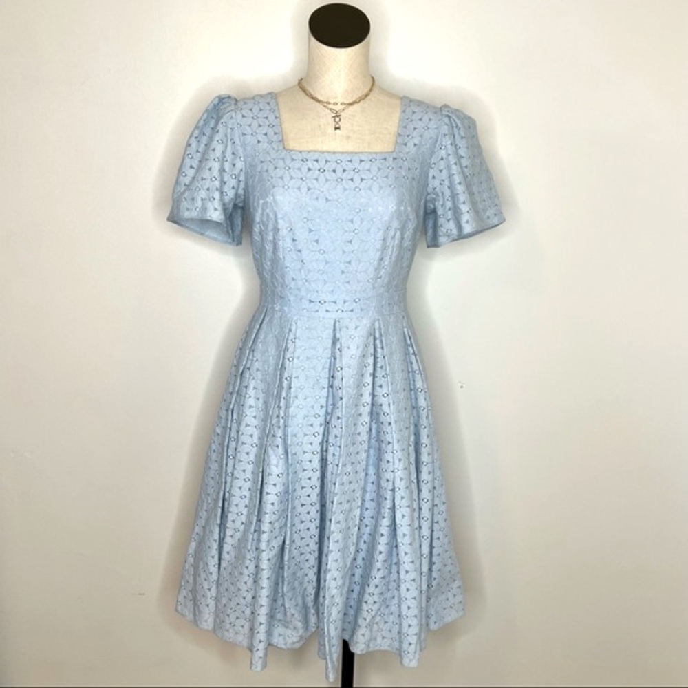 Rachel Parcell Light Blue Eyelet Puff-Sleeve Fit-and-Flare Dress - Picture 3 of 8
